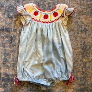 Smocked Flamingo Baby Romper with Apple Embroidery